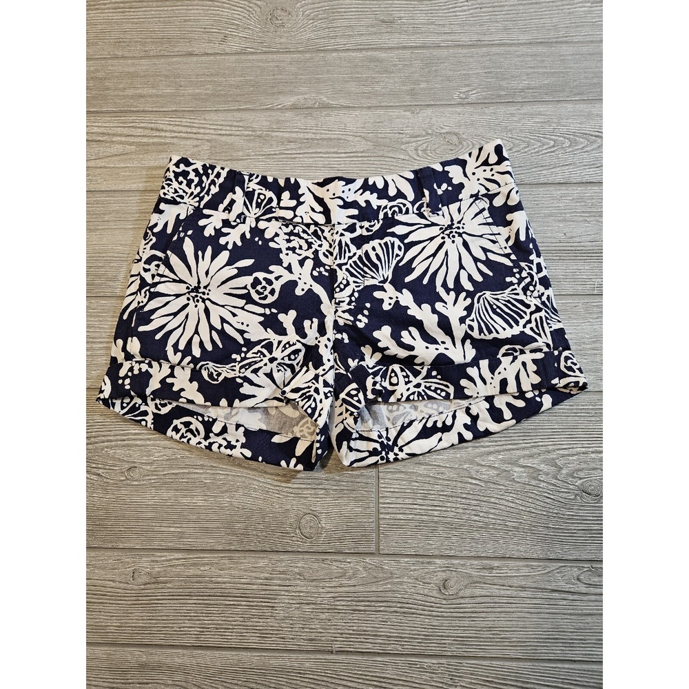Lilly Pulitzer Barclay Shorts Navy White Floral Coral Coastal Cotton Size 2